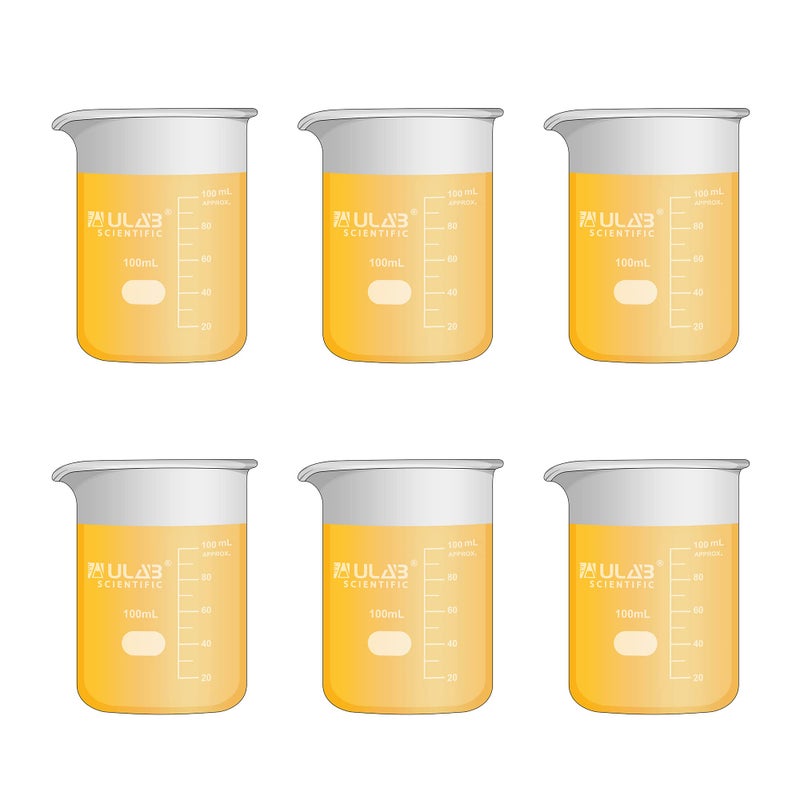 ULAB Scientific Glass Beaker Set, Vol.100ml, Shot Glass, 3.3 Borosilicate Griffin Low Form with Printed Graduation, Pack of 6, UBG1014 - Image 1